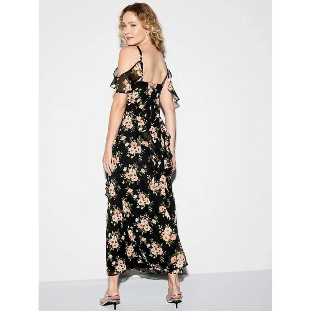 Old Navy The Occasion Floral Maxi Dress Cold Shoulder‎ Ruffle Black Peach M